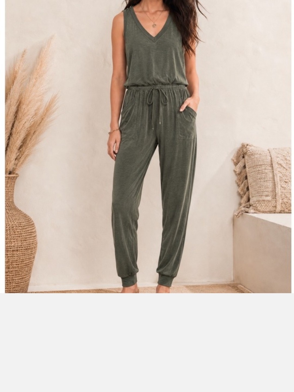 Lou & Grey Olive Green Sleeveless V-Neck Drawstring Jumpsuit